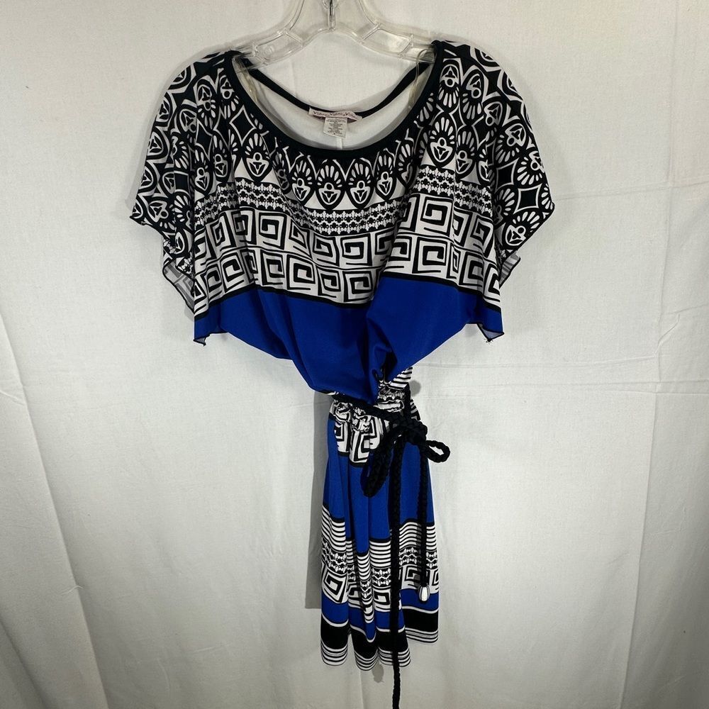 Wishes wishes wishes, blue Greek patterned, belted dress size small